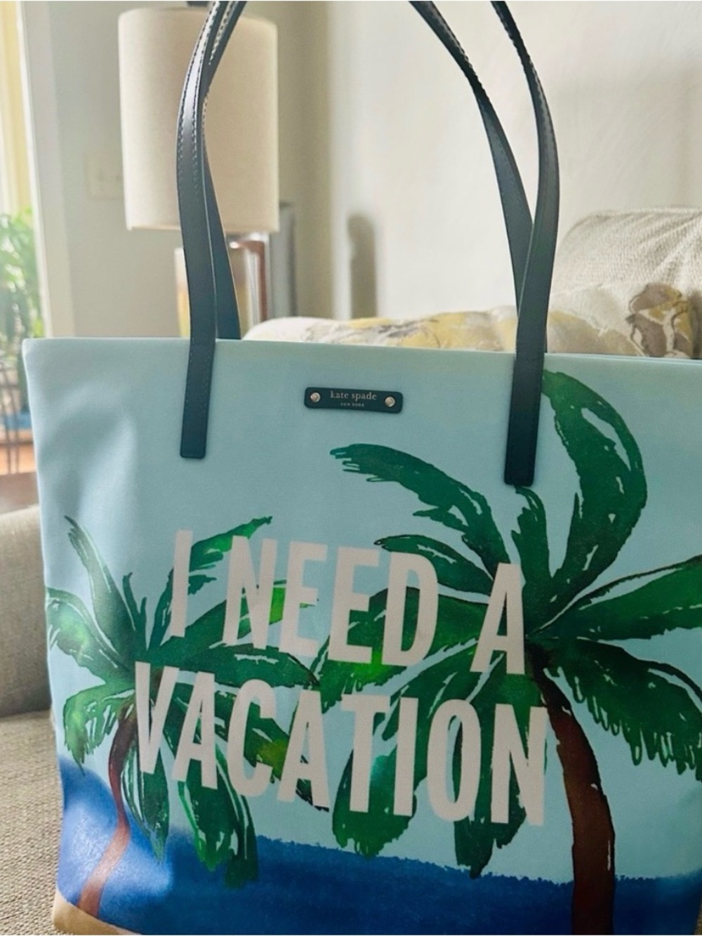 kate spade light blue palm print tote with black straps - Picture 6 of 11